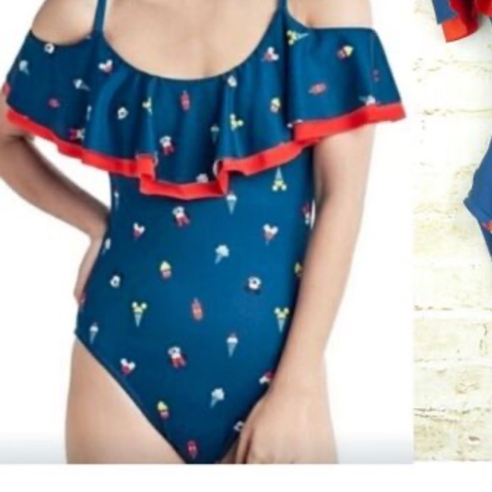 Disney Teal One-Piece Swim with Red Trim and Multi-Color Print